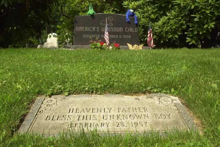 The grave of an unknown boy whose body was found in northeast Philadelphia in 1957 is shown at Ivy Hill Cemetery Wednesday, June 26, 2002.