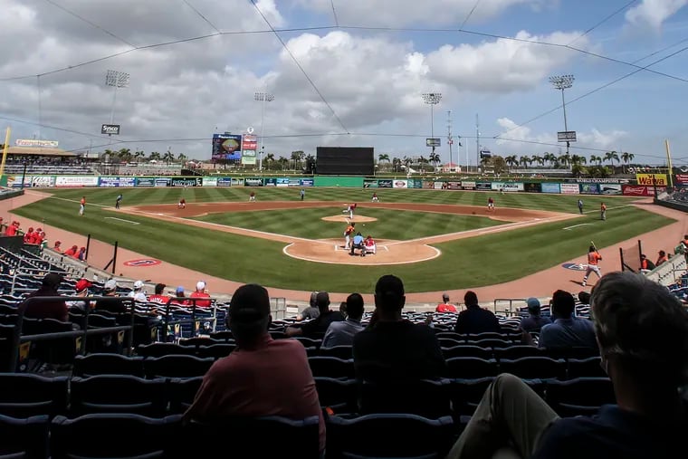 Phillies starting pitcher Aaron Nola throws against the Orioles during the 2nd inning at BayCare Ballpark in Clearwater, Florida, Monday, March 1, 2021  The gamed ended in a 4-4 tie.