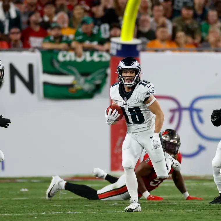 Philadelphia Eagles wide receiver Britain Covey (18) has a big punt return in the first quarter against the Tampa Bay Buccaneers at Raymond James Stadium in Tampa, FL on Sept. 25.