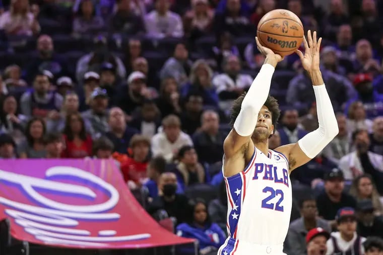 76ers guard Matisse Thybulle shoots against the San Antonio Spurs at the Wells Fargo Center on Saturday.