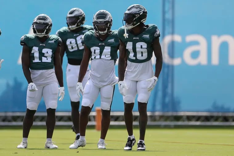 Eagles wide receiver Quez Watkins (16) prepares to run a drill during training camp at the NovaCare Complex in Philadelphia on Tuesday, Aug. 1, 2023.