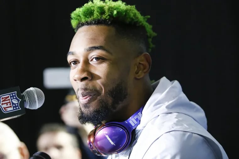 Eagles cornerback Jalen Mills listens to questions during media availability on Tuesday at the Mall of America in Bloomington, Minn.