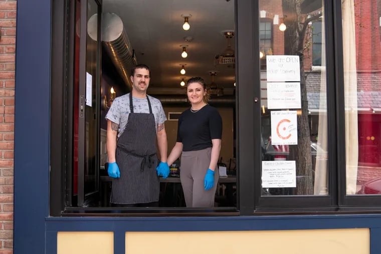 Chef Richard Cusack and Christine Cusack in what had become the takeout window of June BYOB on April 3, 2020.