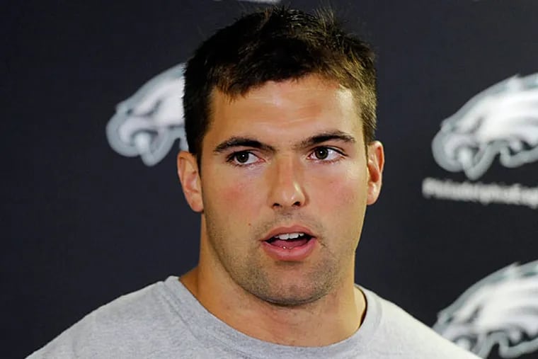 Eagles rookie Alejandro Villanueva speaks to the media during a media availability after NFL football rookie camp at the team's practice facility, Friday, May 16, 2014, in Philadelphia. (Michael Perez/AP)