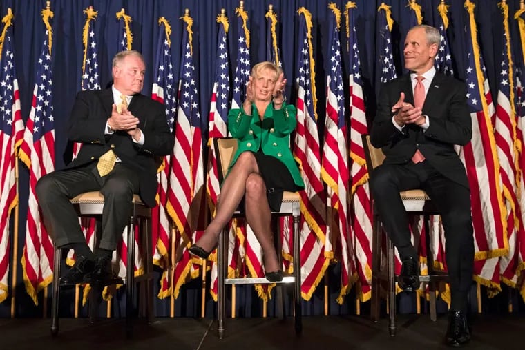 Candidates seeking the Republican nomination to challenge Democratic Gov. Tom Wolf’s 2018 bid for re-election, Pennsylvania Sen. Scott Wagner, left, R-York County, Laura Ellsworth, center, and Paul Mango, right, take part in the Montgomery County Republican Committee’s gubernatorial forum in Blue Bell in October.