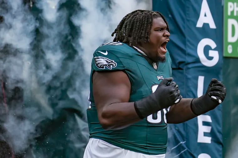 Jordan Davis is introduced before a game against the Cowboys at Lincoln Financial Field in Philadelphia on Sunday, Nov. 5, 2023.