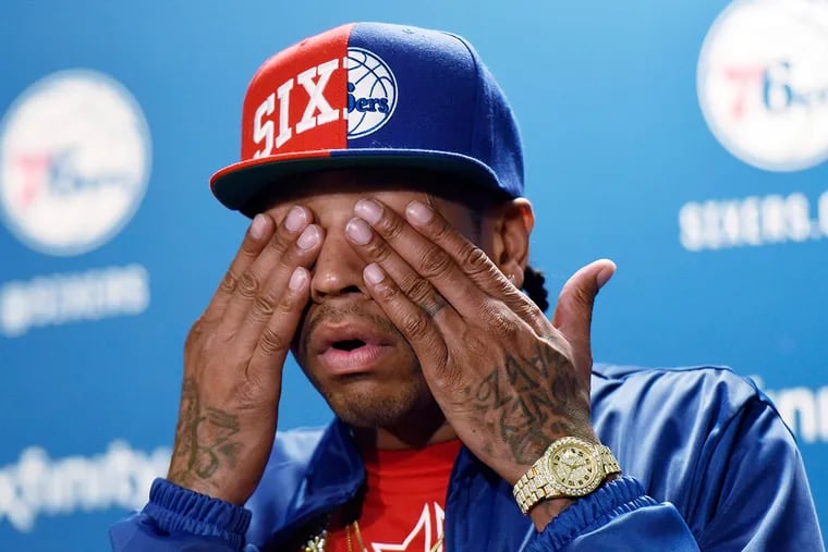 Philadelphia 76ers' Allen Iverson reacts to a question during a news conference before an NBA basketball game against the New York Knicks, Friday, April 8, 2016, in Philadelphia.