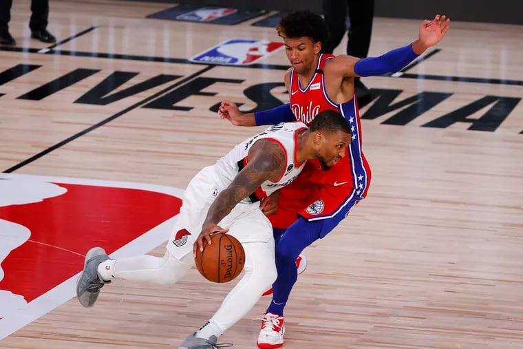 The Sixers are considering starting Matisse Thybulle in Monday's Game 1 against the Boston Celtics. Here's Thybulle guarding Damian Lillard of the Portland Trail Blazers.