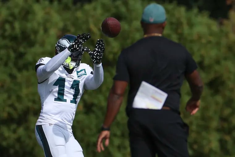 Eagles wide receiver A.J. Brown runs a drill during practice at the NovaCare Complex on Thursday.