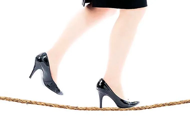 Lady with high heels walking on a tightrope.