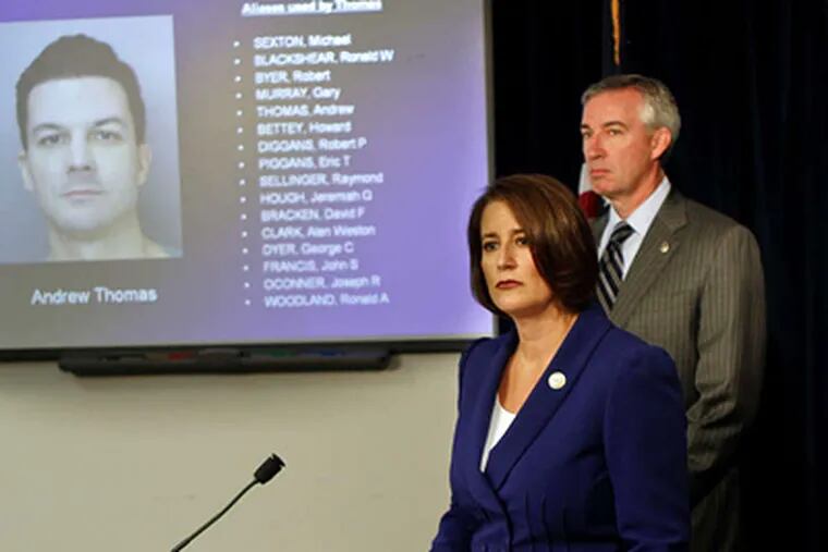 Montgomery County District Attorney Risa Vetri Ferman , joined by Assistant D.A. Kevin Steele, announces the arrest of Michael J. Henry on charges of illegally buying nine firearms. MICHAEL S. WIRTZ / Staff