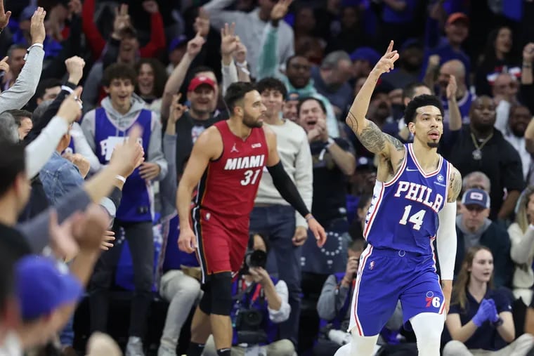 Danny Green of the Sixers celebrates after hitting a 3-pointer against MaxStrus of the Heat during the first half on their playoff game at the Wells Fargo Center on May 6, 2022.