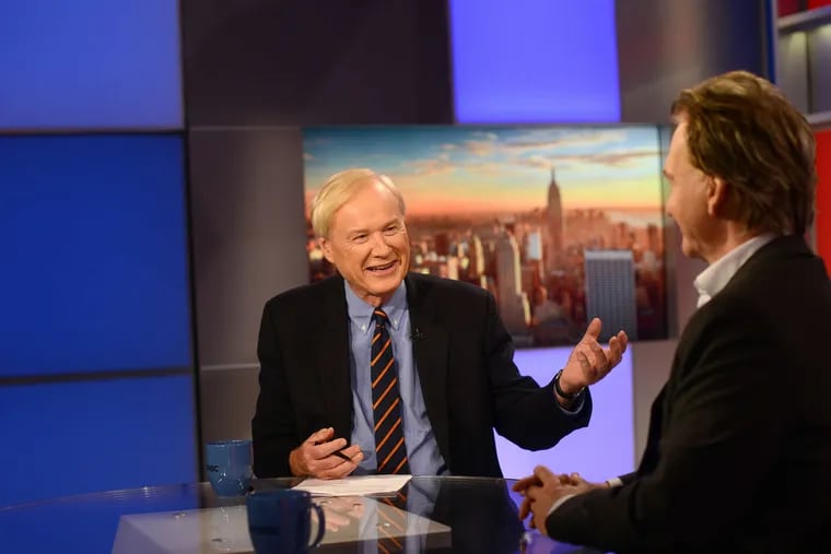Chris Matthews on the set of his MSNBC show, "Hardball," with guest Bill Maher.