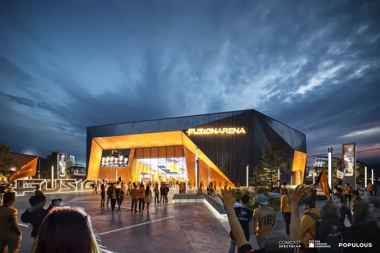 The entrance to the Fusion Arena in South Philadelphia, shown in a rendering.