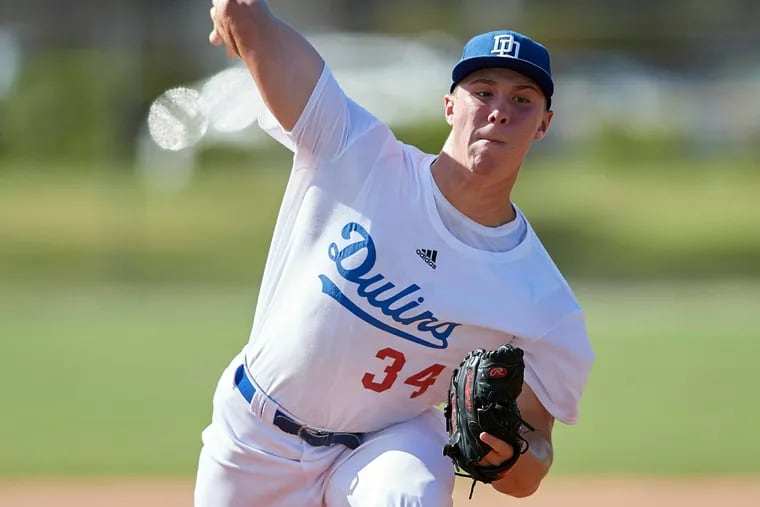 Nick Bitsko's did not get to pitch this season at Central Bucks East High School, but he is expected to become a first-round draft choice during Wednesday's first-year player baseball draft. (Mike Janes / Four Seam Images via AP)
