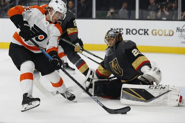 Flyers left winger Oskar Lindblom scores Thursday against Vegas goaltender Marc-Andre Fleury, who allowed five goals on 16 shots and was pulled from Philadelphia's eventual 5-2 win.