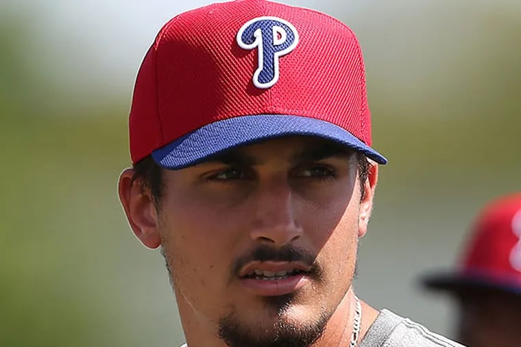 The Phillies minor league player Zach Eflin waits to pitch during the
morning workout session at Phillies spring training in Clearwater, Fla.
on March 10, 2015. (David Maialetti/Staff Photographer)