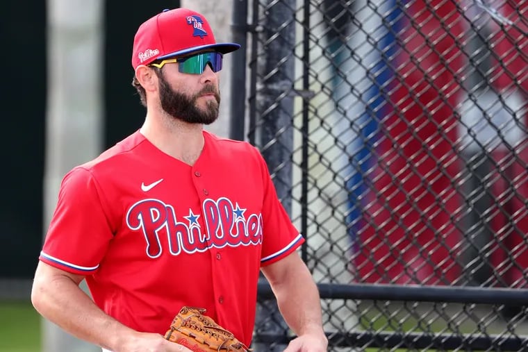 Phillies pitcher Jake Arrieta prepares to work out during spring training in Clearwater, Fla.