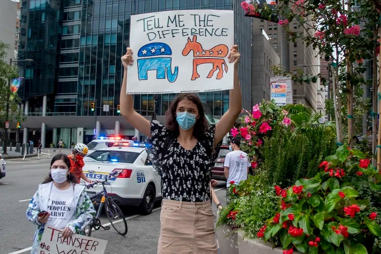 Lilly Ivarson is among protesters from the “Poor People’s Army” demonstrating outside the national Biden for President campaign headquarters in Philadelphia as the DNC opens.