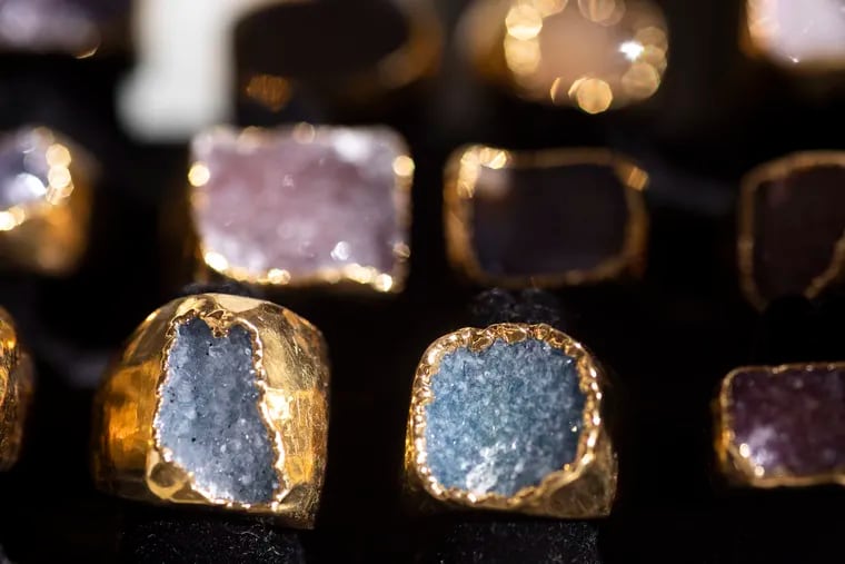 Druzy Rings on display in the Nuance studio space at The Bok Building in Philadelphia, Pa. on Friday, February 14, 2020. Daelhousen founded the brand in 2013.