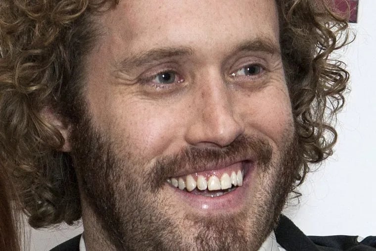 FILE – In this Jan. 28, 2016 file photo, actor TJ Miller poses for photos at a fan screening for the film &quot;Deadpool,&quot; in central London. Miller was arrested Monday night, April 9, 2018, at LaGuardia Airport in New York and charged with calling 911 to falsely claim that a woman on the same train as him had a bomb in her luggage. Prosecutors said Miller called in the false bomb information on March 18 after getting into a verbal confrontation with a woman on a train traveling from Washington D.C. to New York. The train was stopped in Westport, Conn., where it was searched.