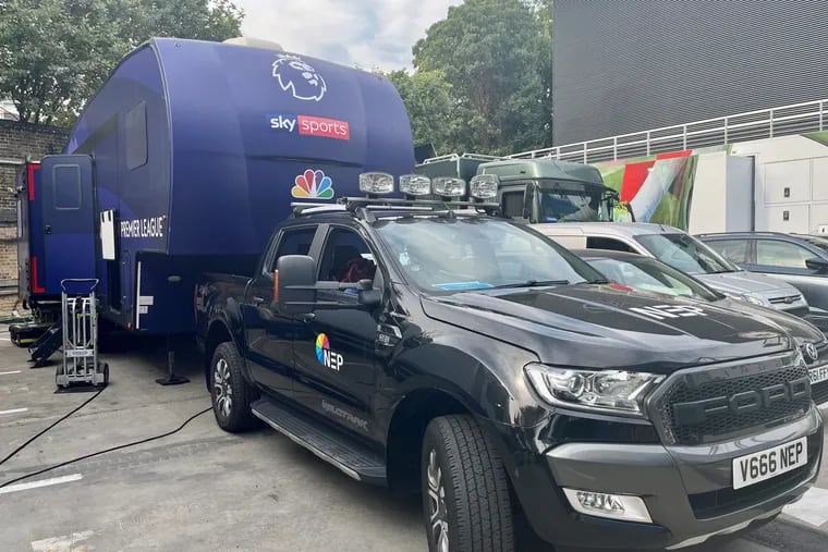 NBC Sports' English Premier League soccer production truck outside Stamford Bridge in London before the Chelsea-Tottenham game on Aug. 14.