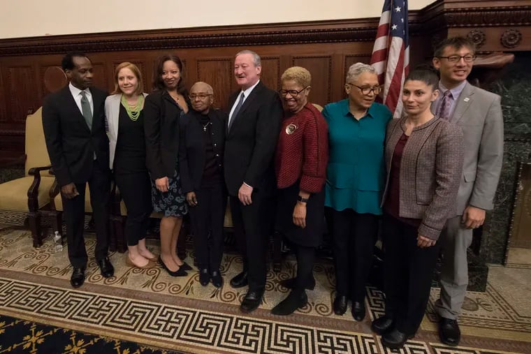 Eight of the nine members of the Philadelphia Board of Education are pictured with Mayor Kenney. They are, from left: Wayne Walker, Mallory Fix Lopez, Angela McIver, Julia Danzy, Joyce Wilkerson, Leticia Egea-Hinton, Maria McColgan and Lee Huang. Missing is Christopher McGinley.