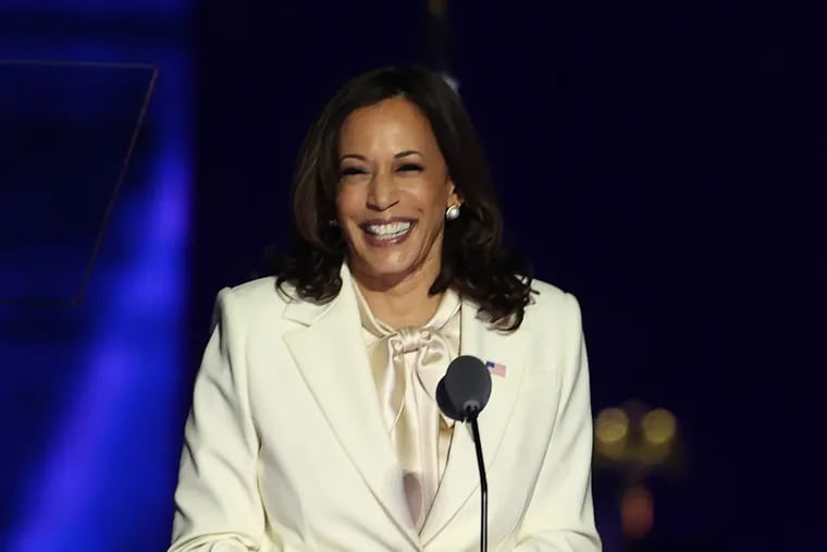 Vice President-elect Kamala Harris addresses the nation after joining President-elect Joe Biden in being named victors in the presidential election on Saturday, Nov. 7, 2020, at the Chase Center in Wilmington, Delaware.